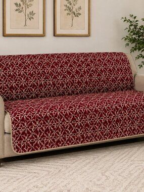 Large Reversible Quilted Couch Cover Furniture Protector Burgundy Beige 62.5x68